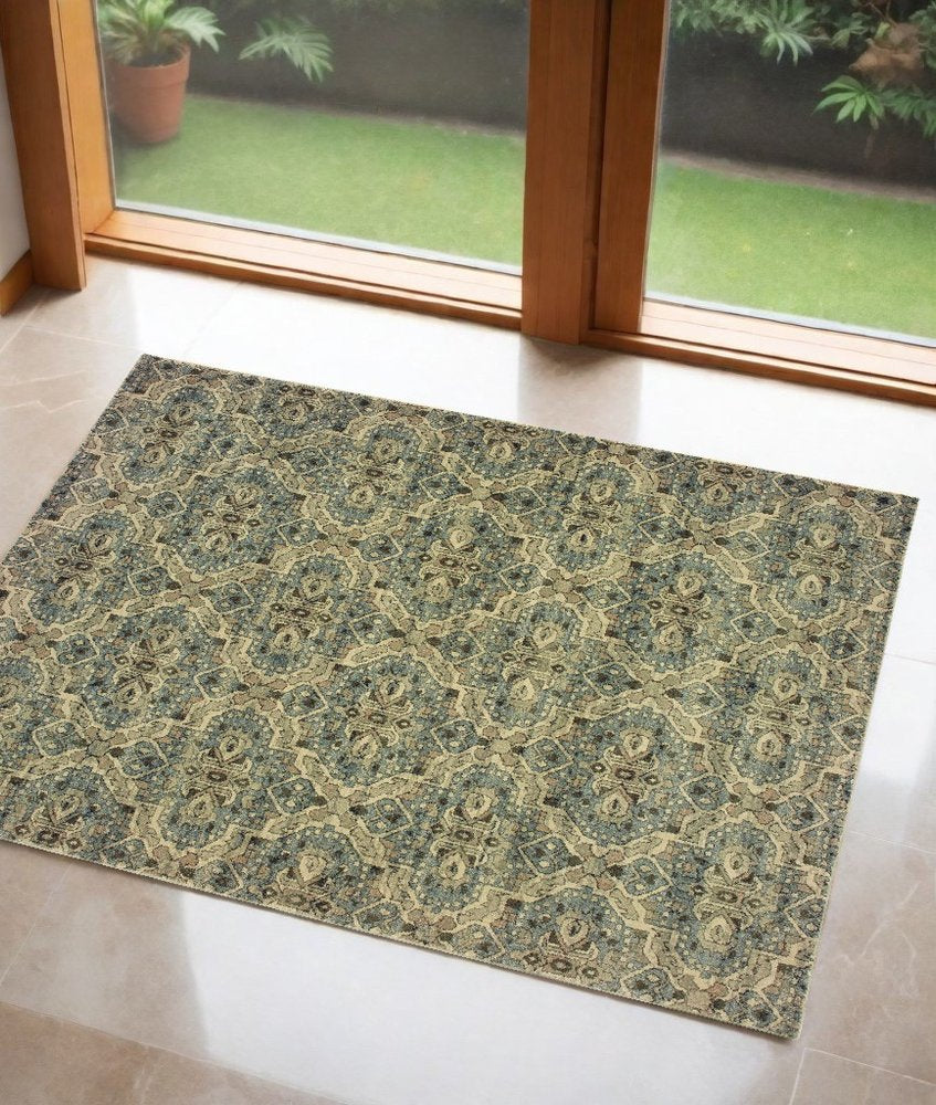 10' X 13' Ivory And Blue Geometric Area Rug