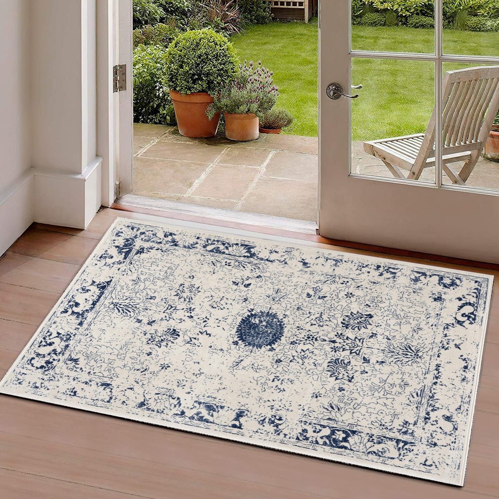 2' X 3' Navy Blue Distressed Floral Scatter Rug