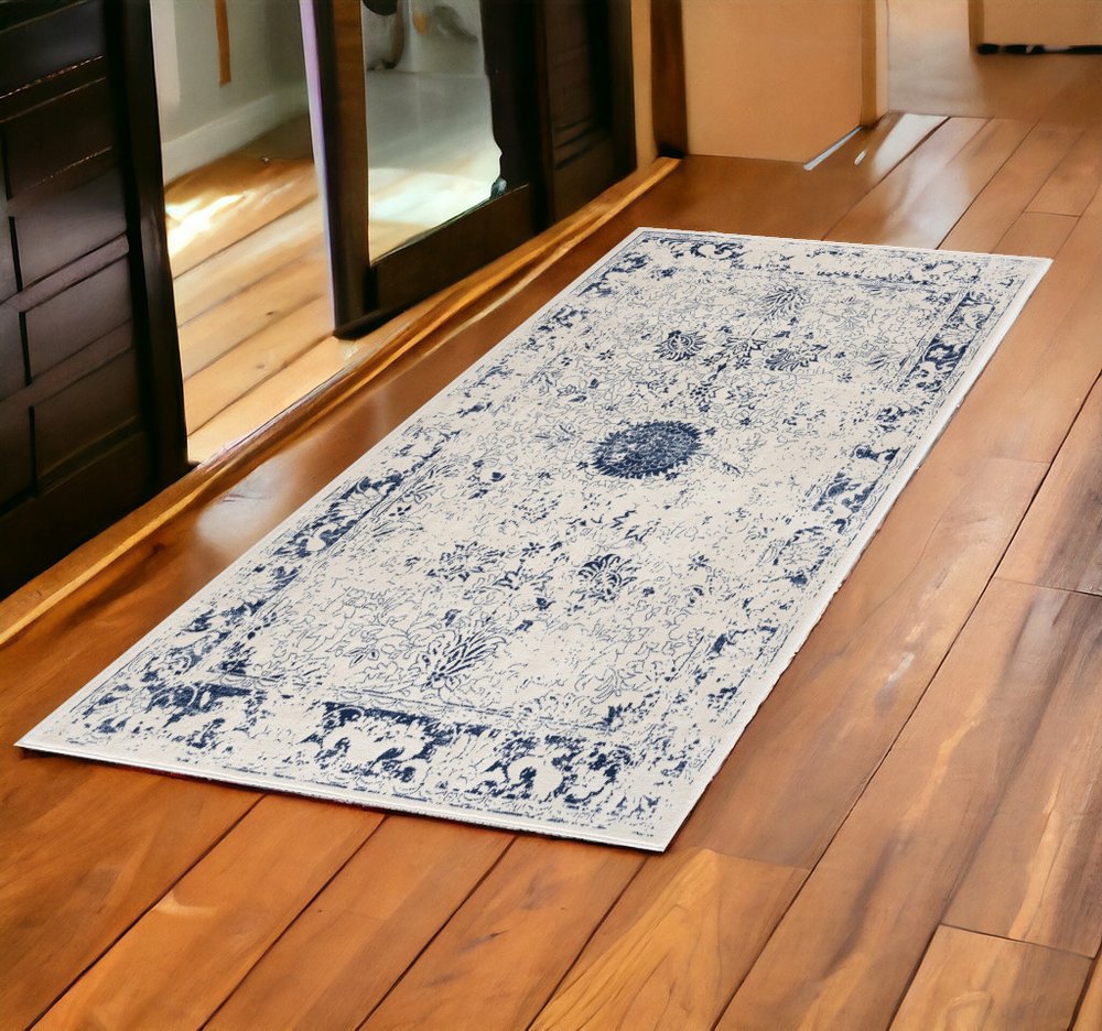 2' X 3' Navy Blue Distressed Floral Scatter Rug