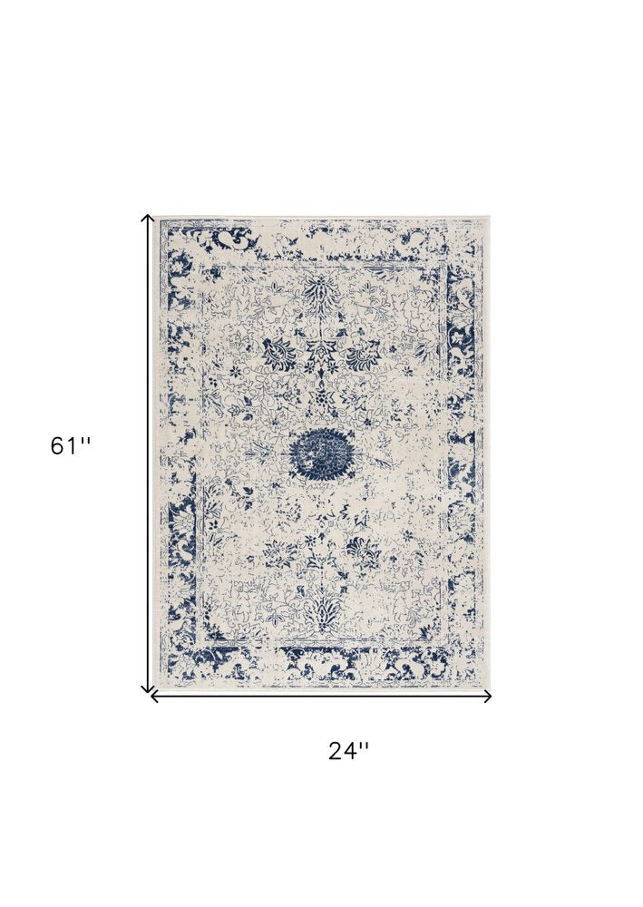 2' X 3' Navy Blue Distressed Floral Scatter Rug