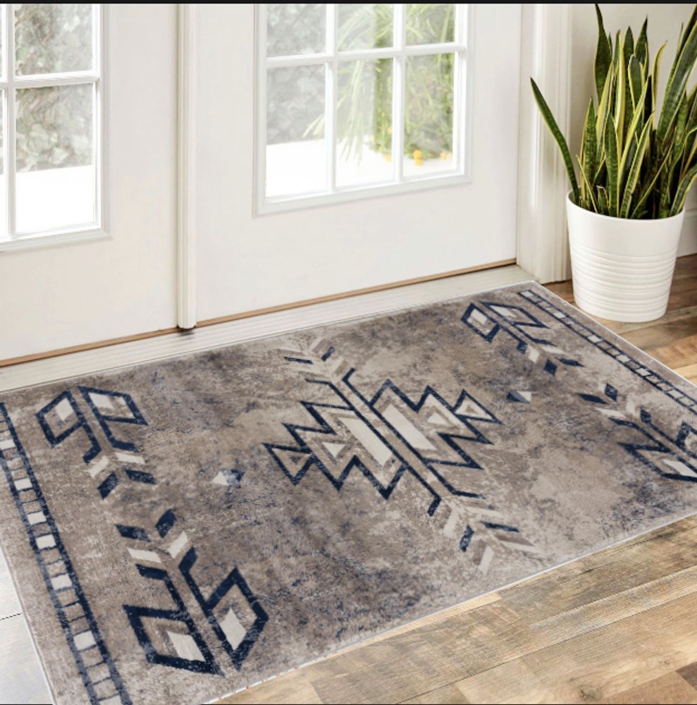 4' X 6' Beige And Blue Boho Chic Area Rug