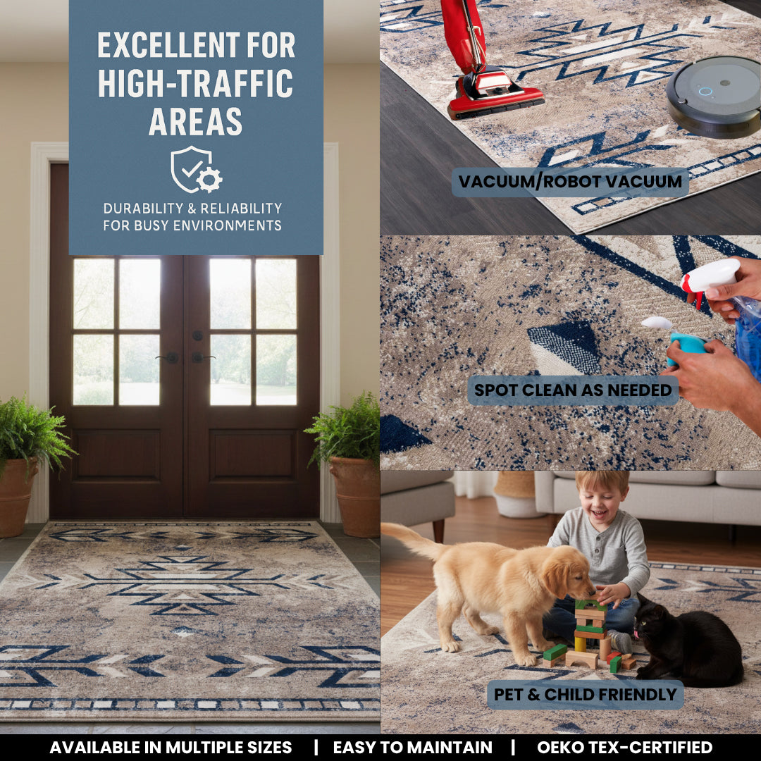 4' X 6' Beige And Blue Boho Chic Area Rug