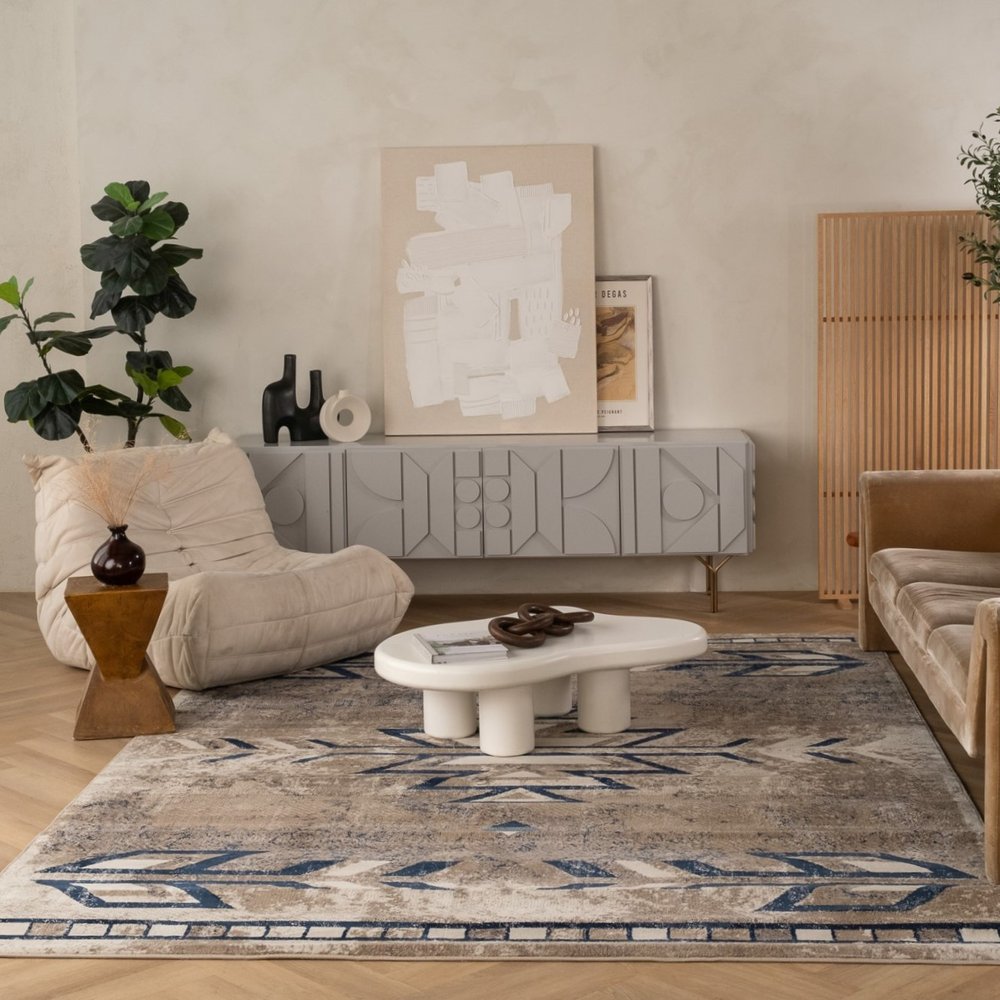 4' X 6' Beige And Blue Boho Chic Area Rug