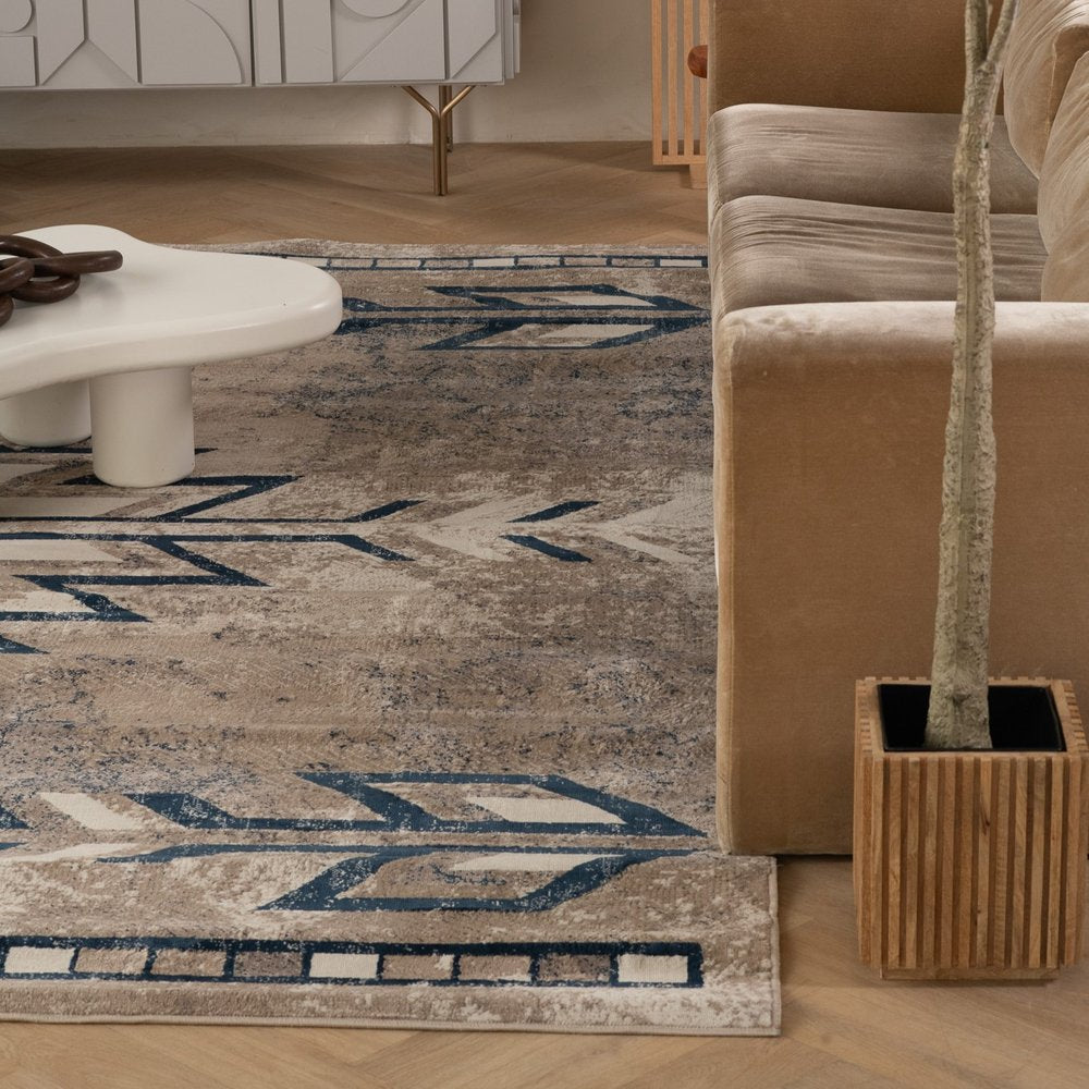 4' X 6' Beige And Blue Boho Chic Area Rug