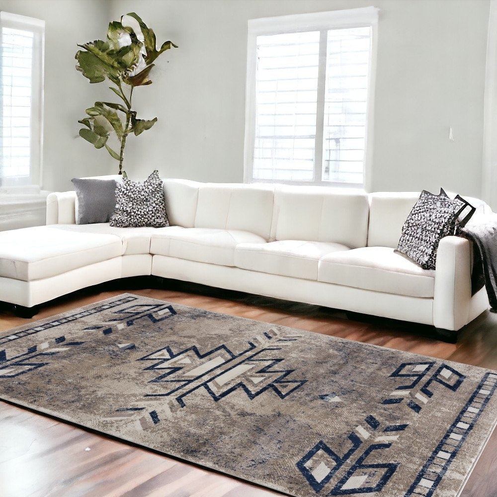 4' X 6' Beige And Blue Boho Chic Area Rug