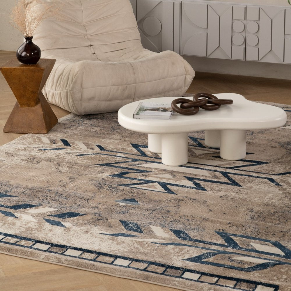 4' X 6' Beige And Blue Boho Chic Area Rug