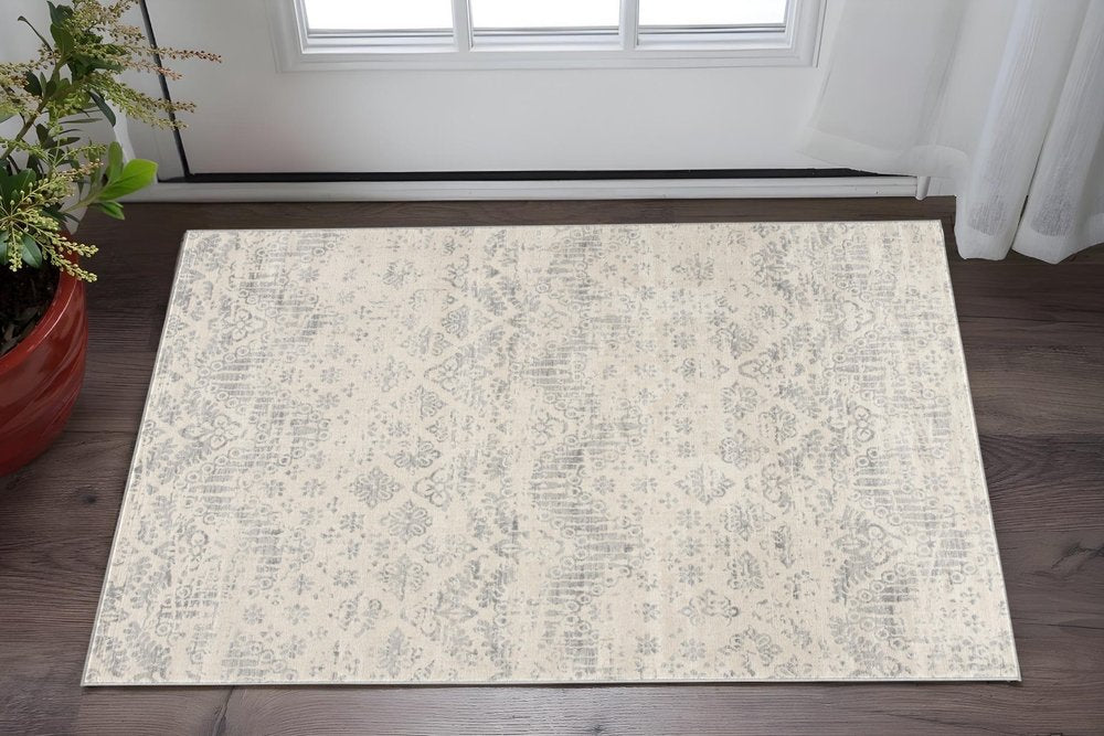 2' X 8' Ivory Distressed Ikat Pattern Runner Rug