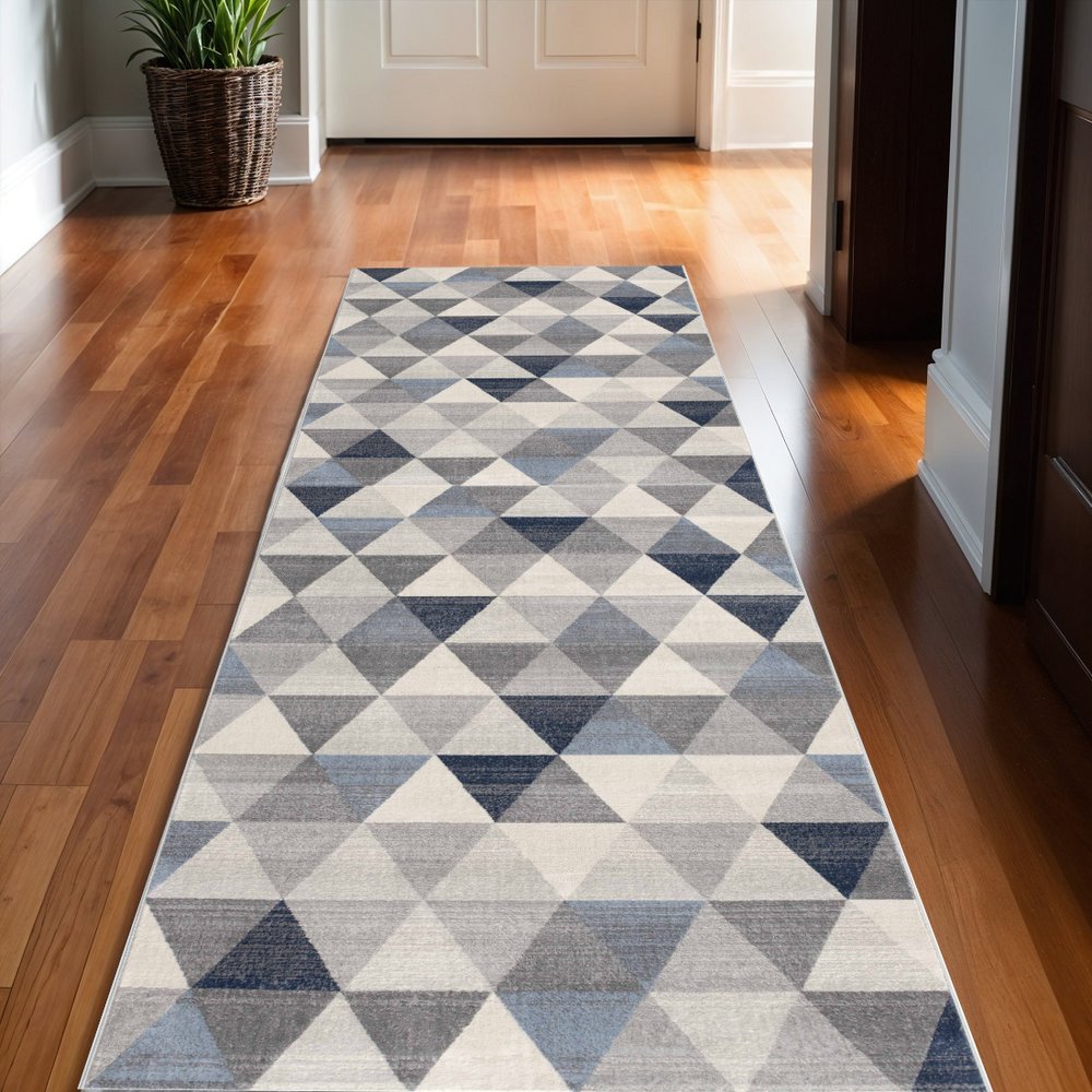 2' X 15' Navy Blue Geometric Diamond Runner Rug