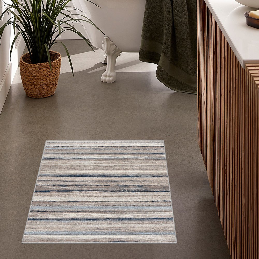 5' X 8' Blue And Beige Distressed Stripes Area Rug