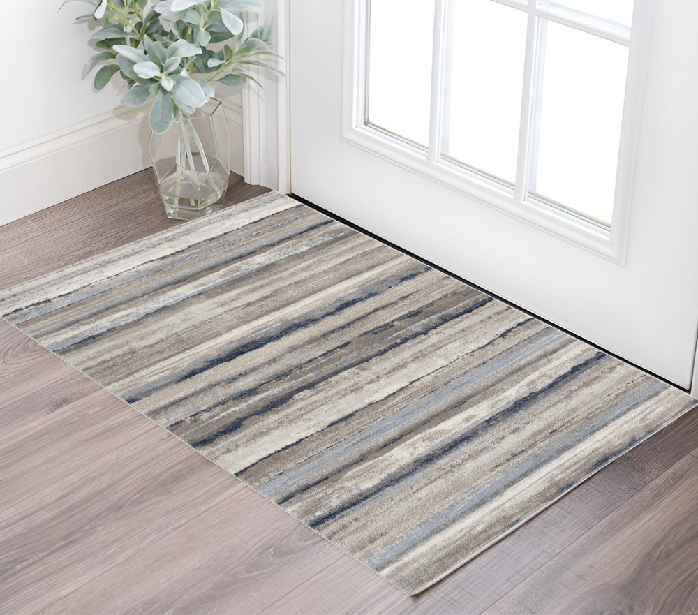 5' X 8' Blue And Beige Distressed Stripes Area Rug