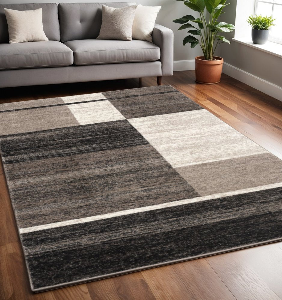 8' X 11' Brown And Beige Abstract Blocks Area Rug