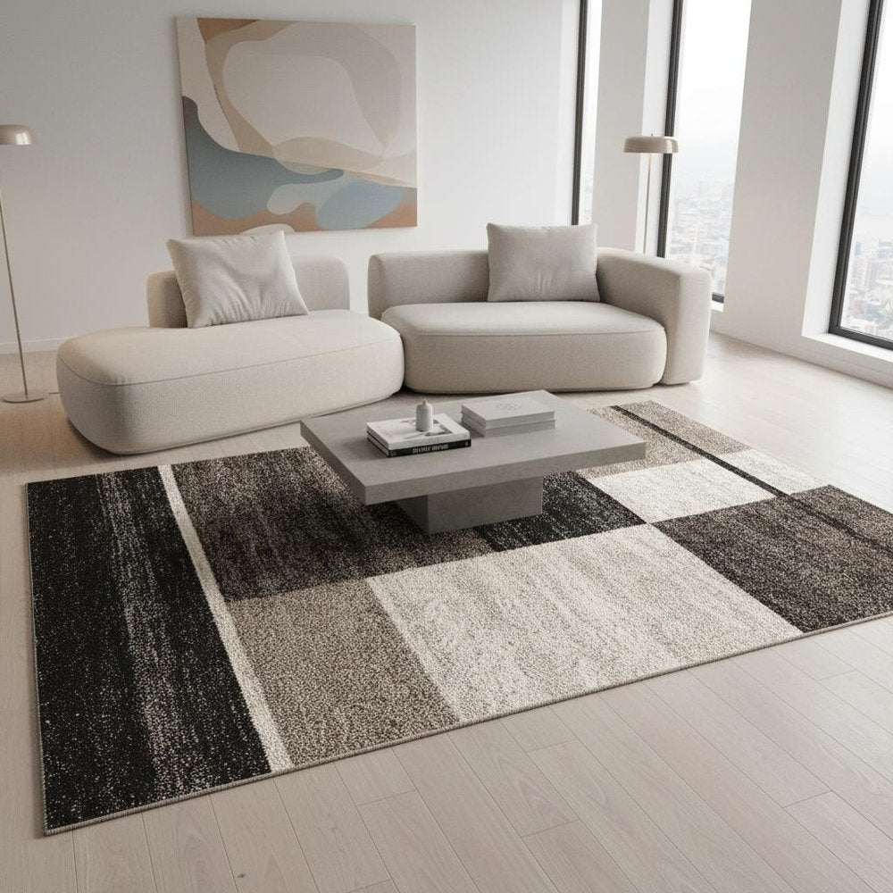 8' X 11' Brown And Beige Abstract Blocks Area Rug
