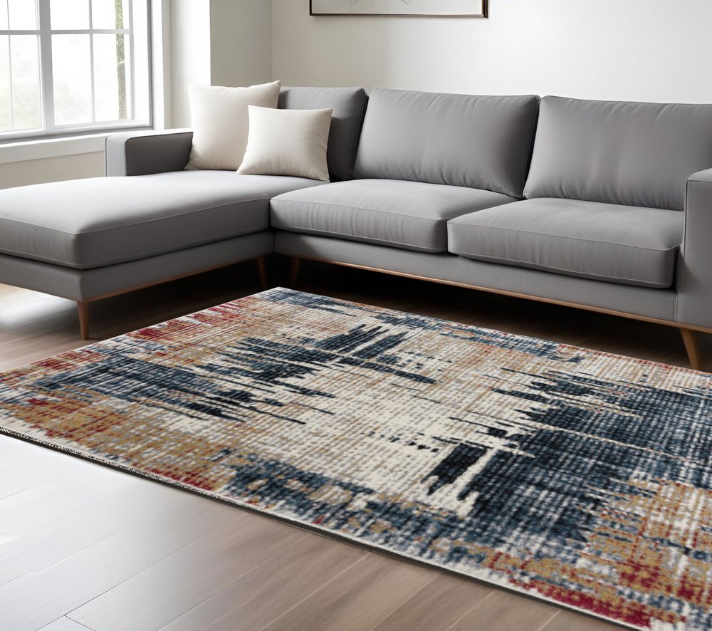 8' X 11' Blue And Ivory Abstract Area Rug