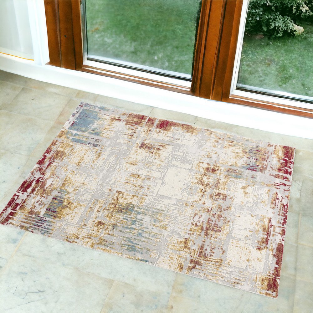 4' X 6' Abstract Beige And Gold Modern Area Rug