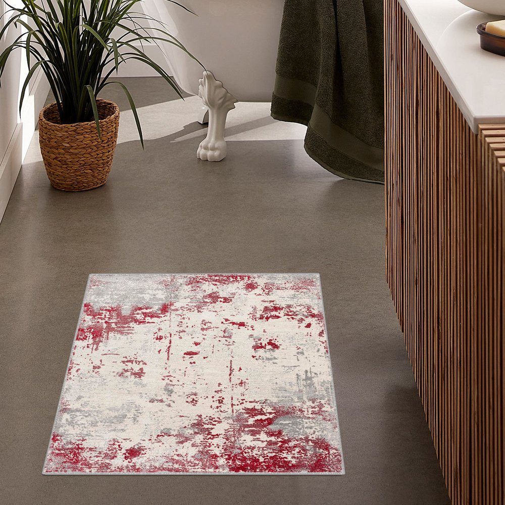 5' X 7' Gray And Red Abstract Distressed Area Rug