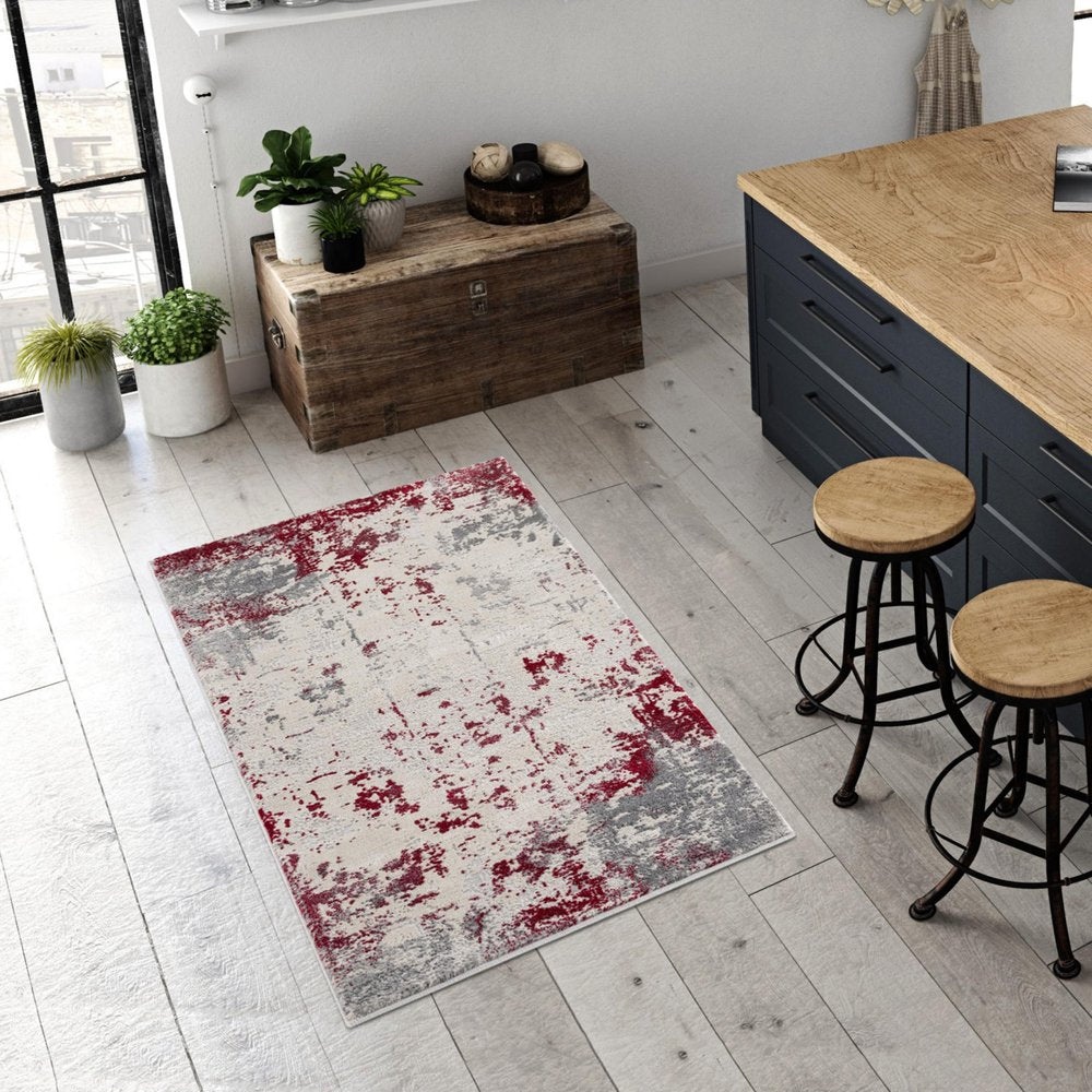 5' X 7' Gray And Red Abstract Distressed Area Rug