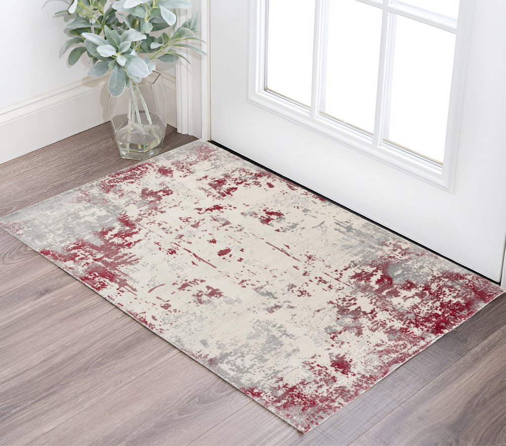 5' X 7' Gray And Red Abstract Distressed Area Rug