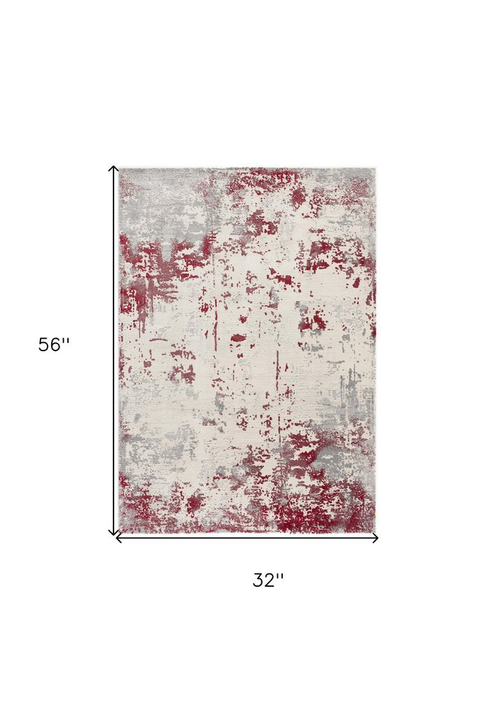 5' X 7' Gray And Red Abstract Distressed Area Rug