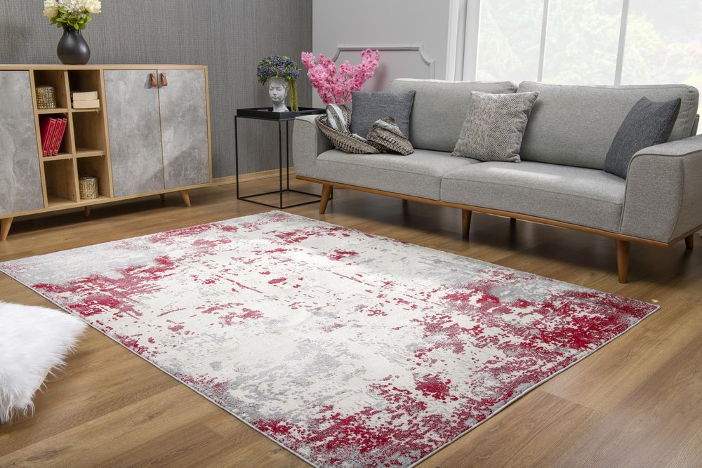 5' X 7' Gray And Red Abstract Distressed Area Rug
