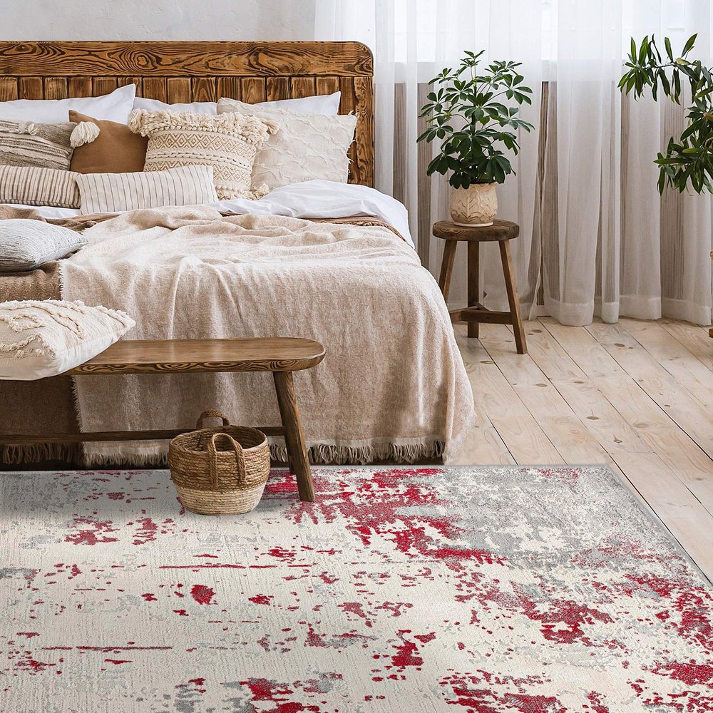 5' X 7' Gray And Red Abstract Distressed Area Rug