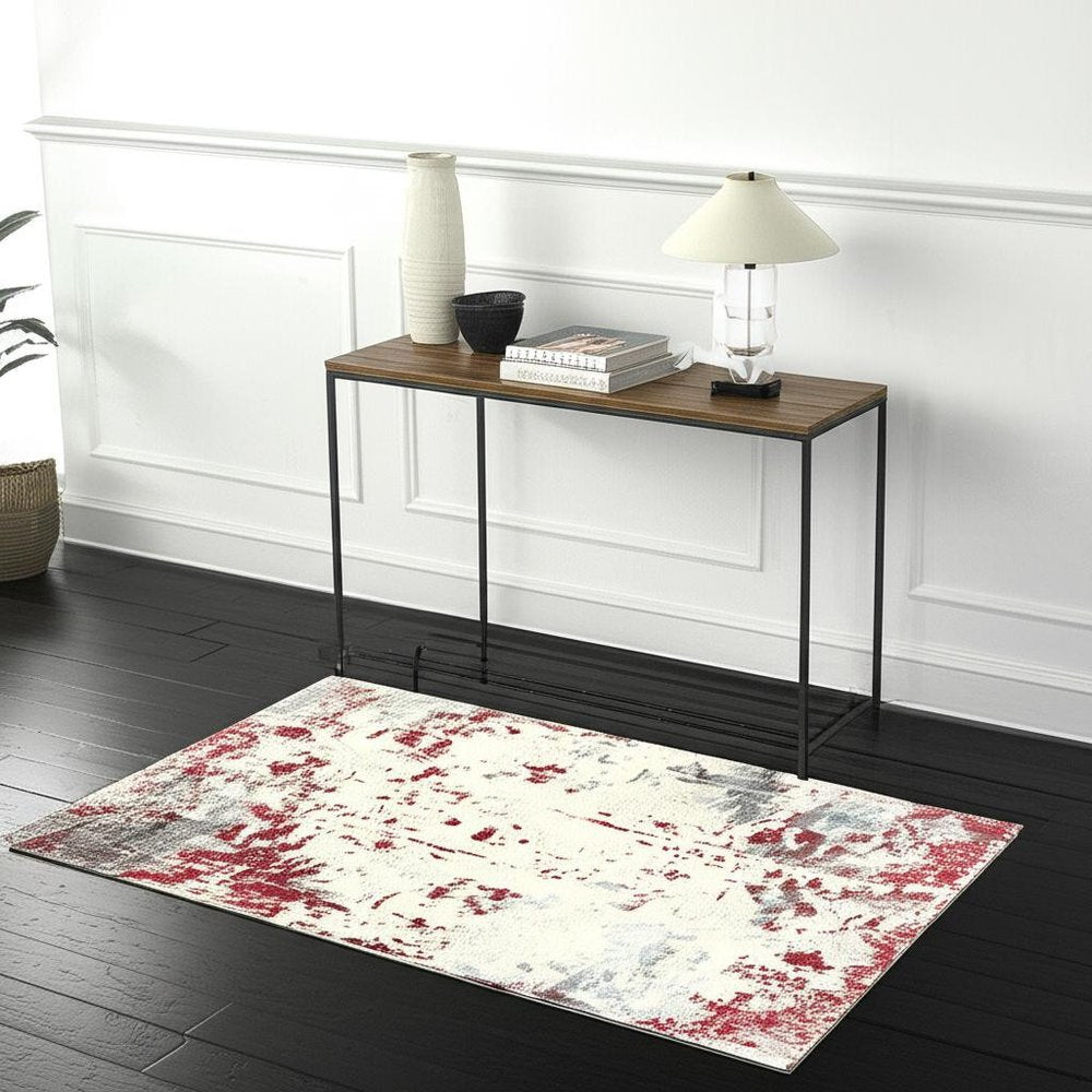 5' X 7' Gray And Red Abstract Distressed Area Rug