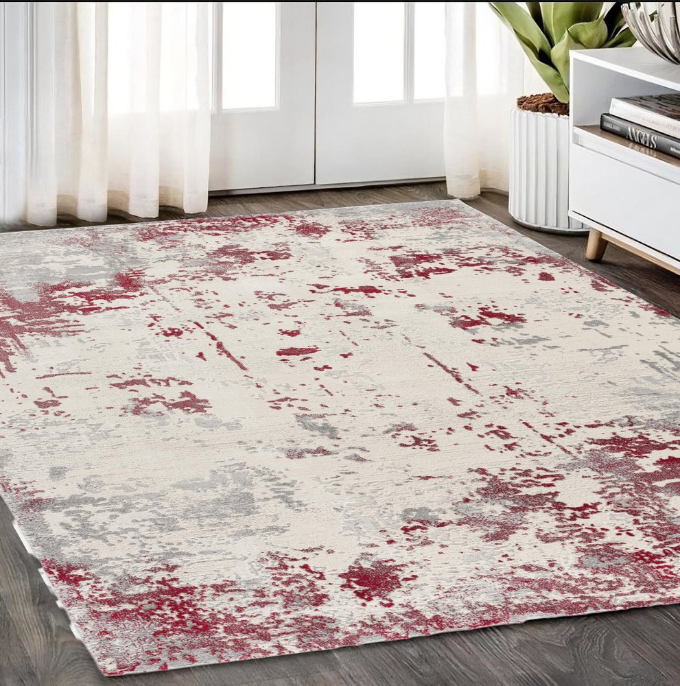 5' X 7' Gray And Red Abstract Distressed Area Rug