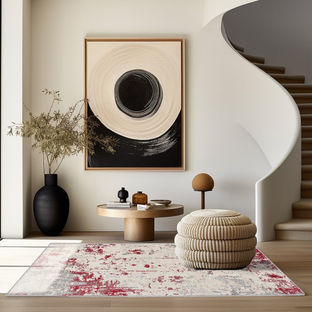 5' X 7' Gray And Red Abstract Distressed Area Rug