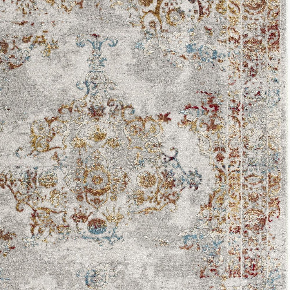 4' X 6' Gray And Beige Distressed Ornate Area Rug