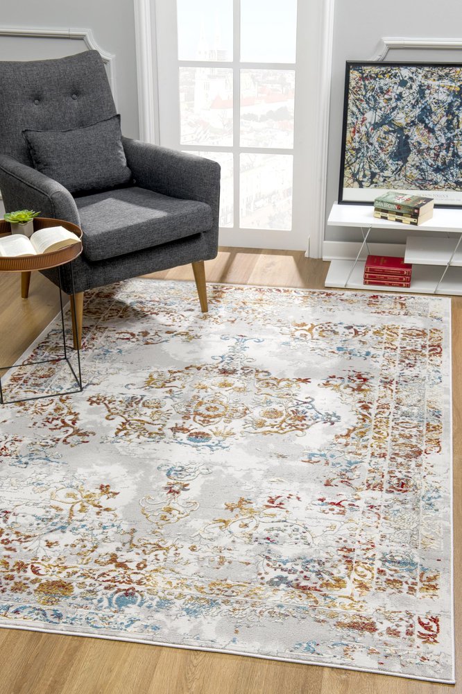 4' X 6' Gray And Beige Distressed Ornate Area Rug