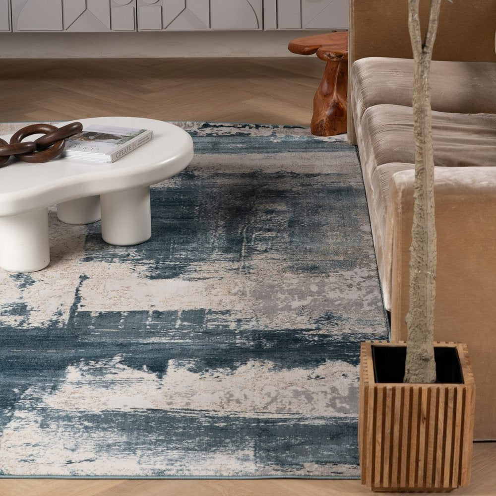 8' X 11' Cream And Blue Abstract Patches Area Rug