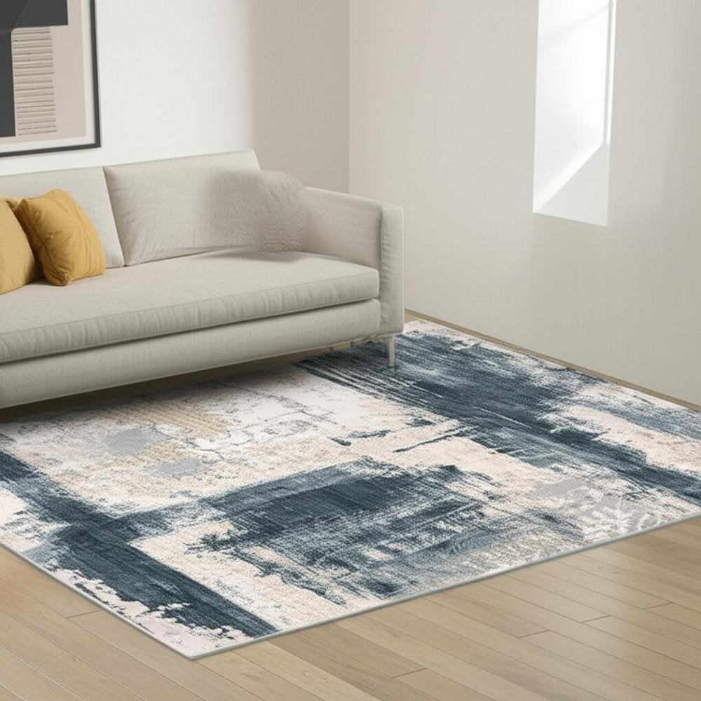 8' X 11' Cream And Blue Abstract Patches Area Rug