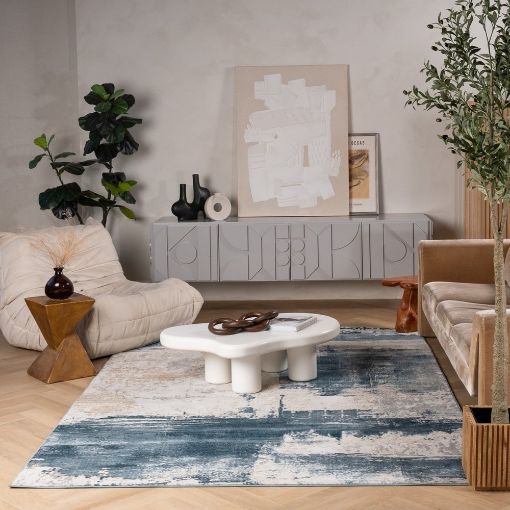 8' X 11' Cream And Blue Abstract Patches Area Rug