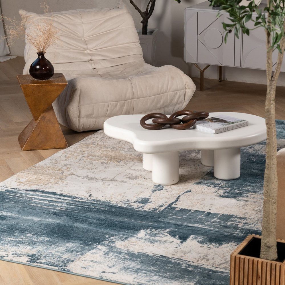 8' X 11' Cream And Blue Abstract Patches Area Rug
