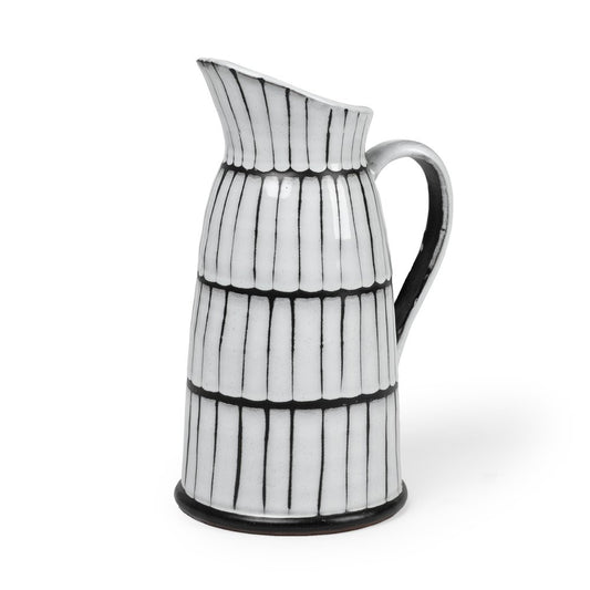 13" Black And White Ceramic Cylinder Jug Vase With Sculptural Details