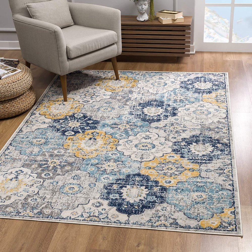 6' X 9' Blue and Yellow Floral Area Rug