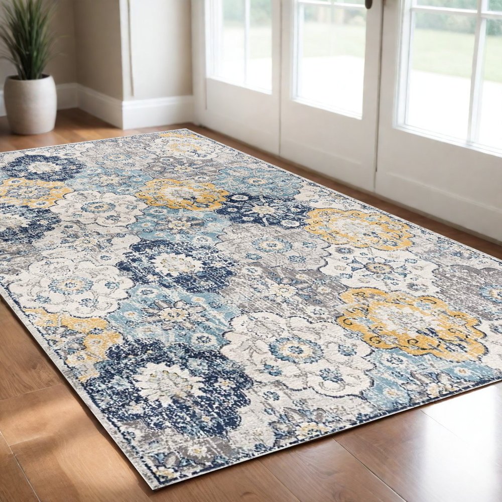 6' X 9' Blue and Yellow Floral Area Rug