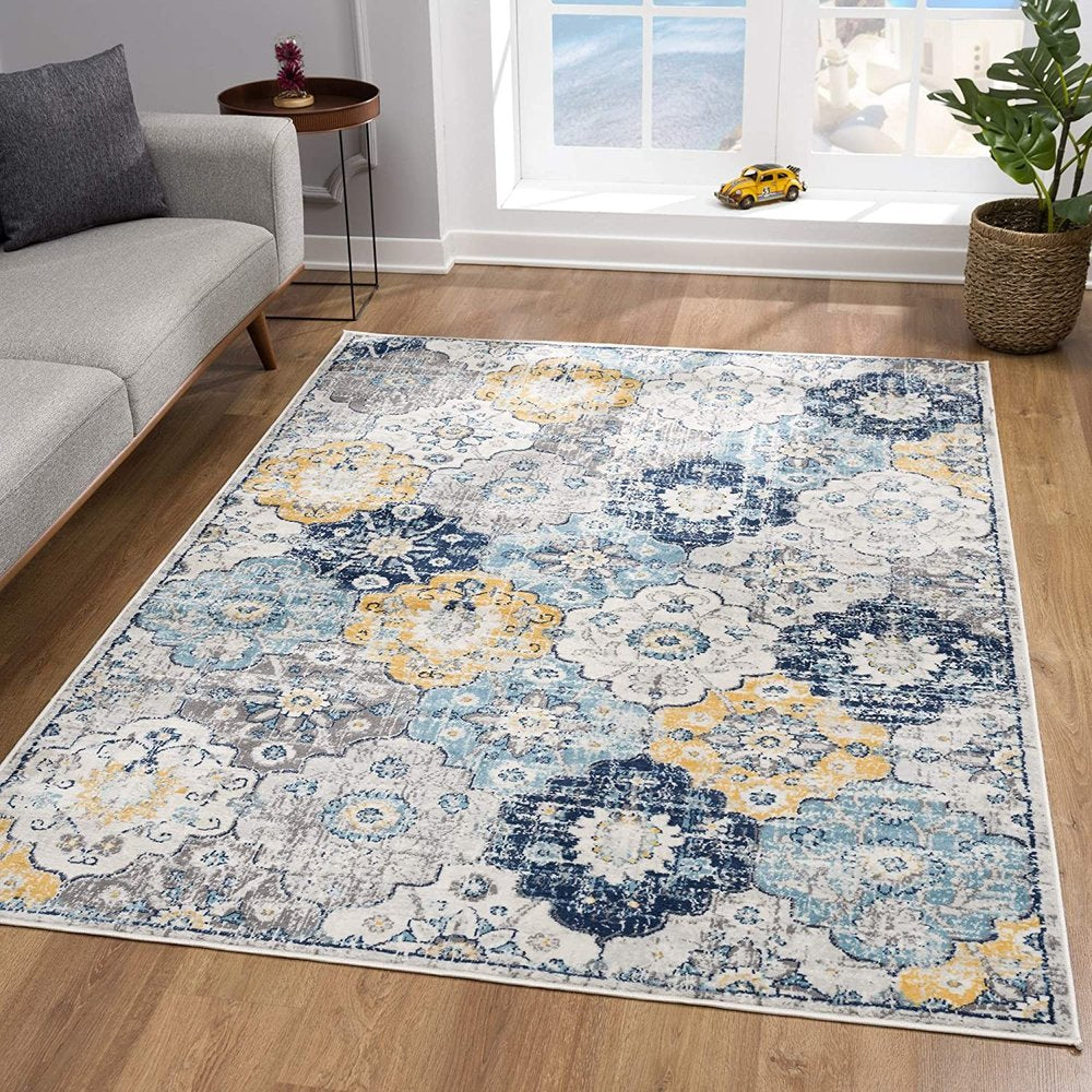 6' X 9' Blue and Yellow Floral Area Rug