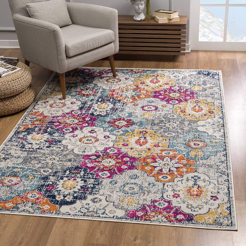 8' Blue And Ivory Floral Runner Rug