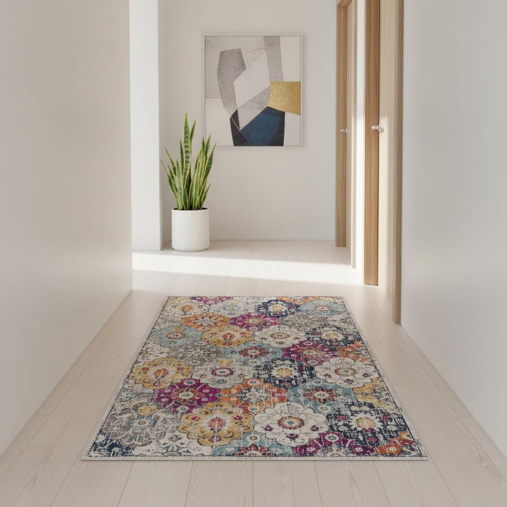 8' Blue And Ivory Floral Runner Rug