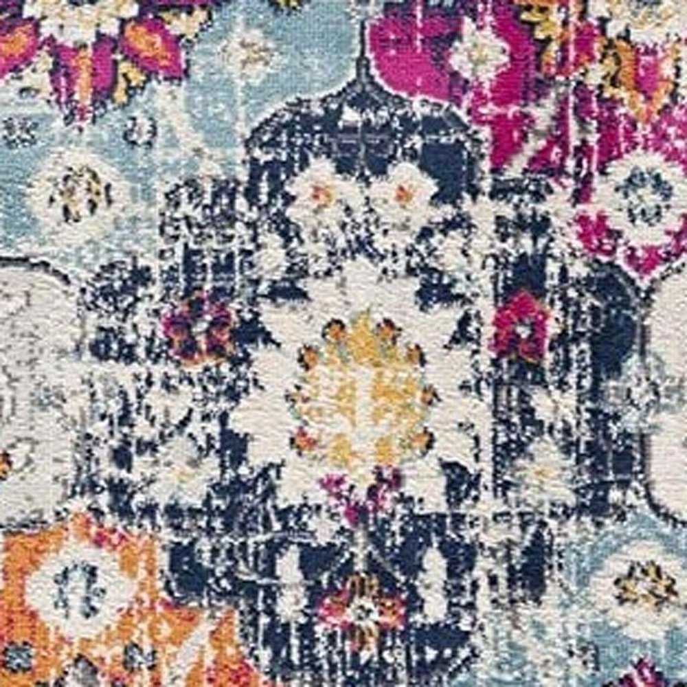 8' Blue And Ivory Floral Runner Rug
