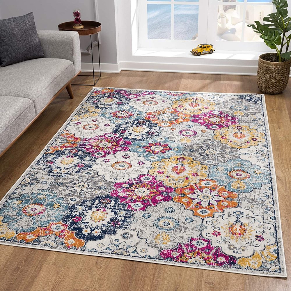 8' Blue And Ivory Floral Runner Rug