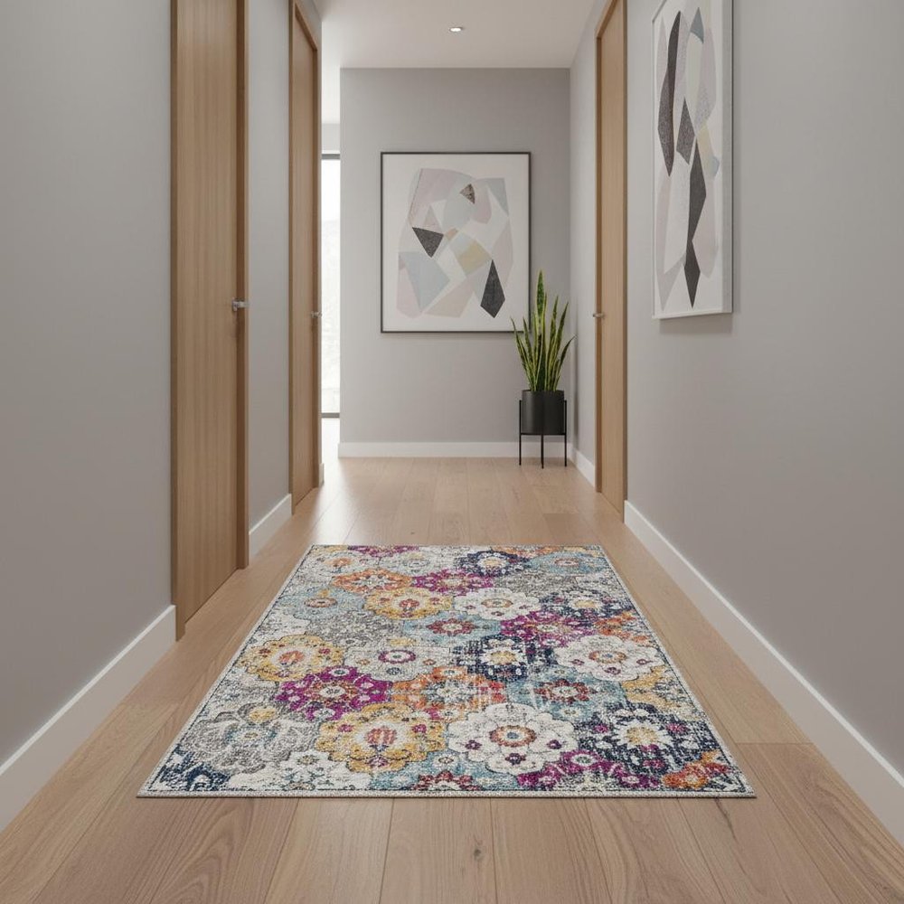 8' Blue And Ivory Floral Runner Rug