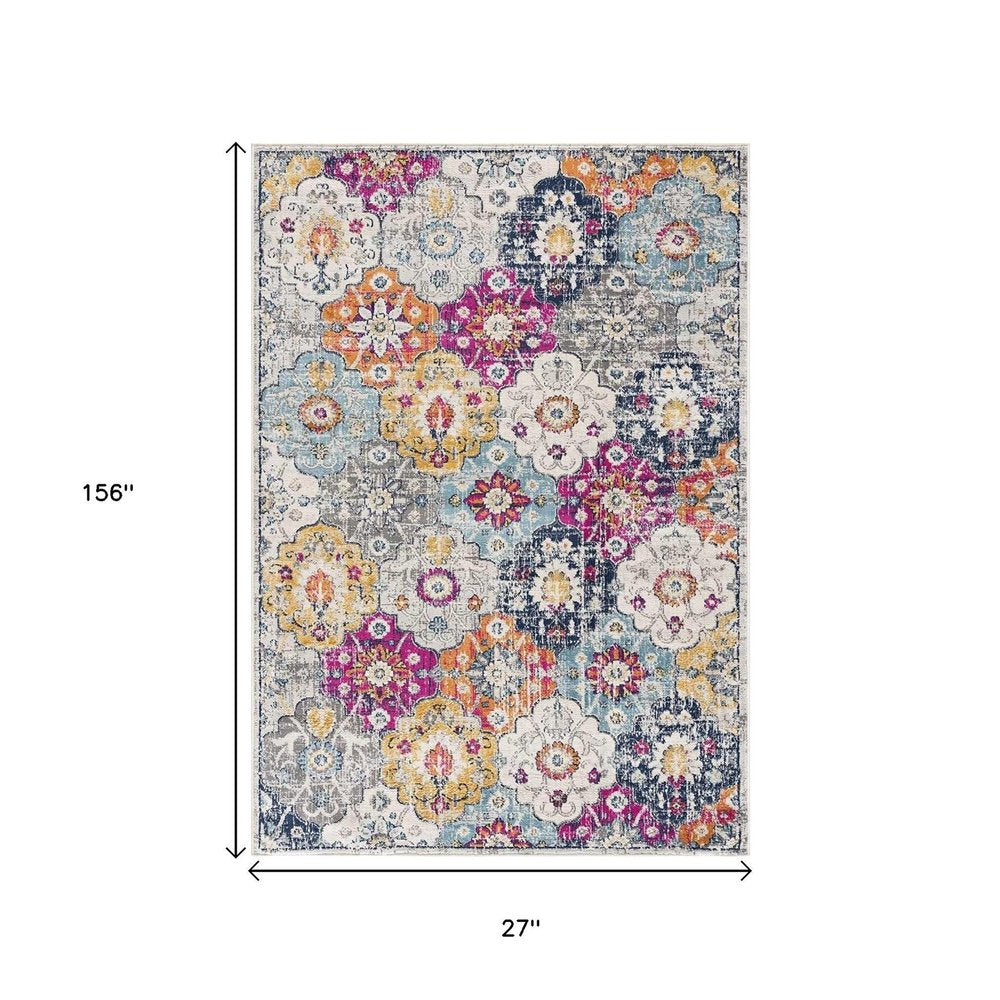 8' Blue And Ivory Floral Runner Rug