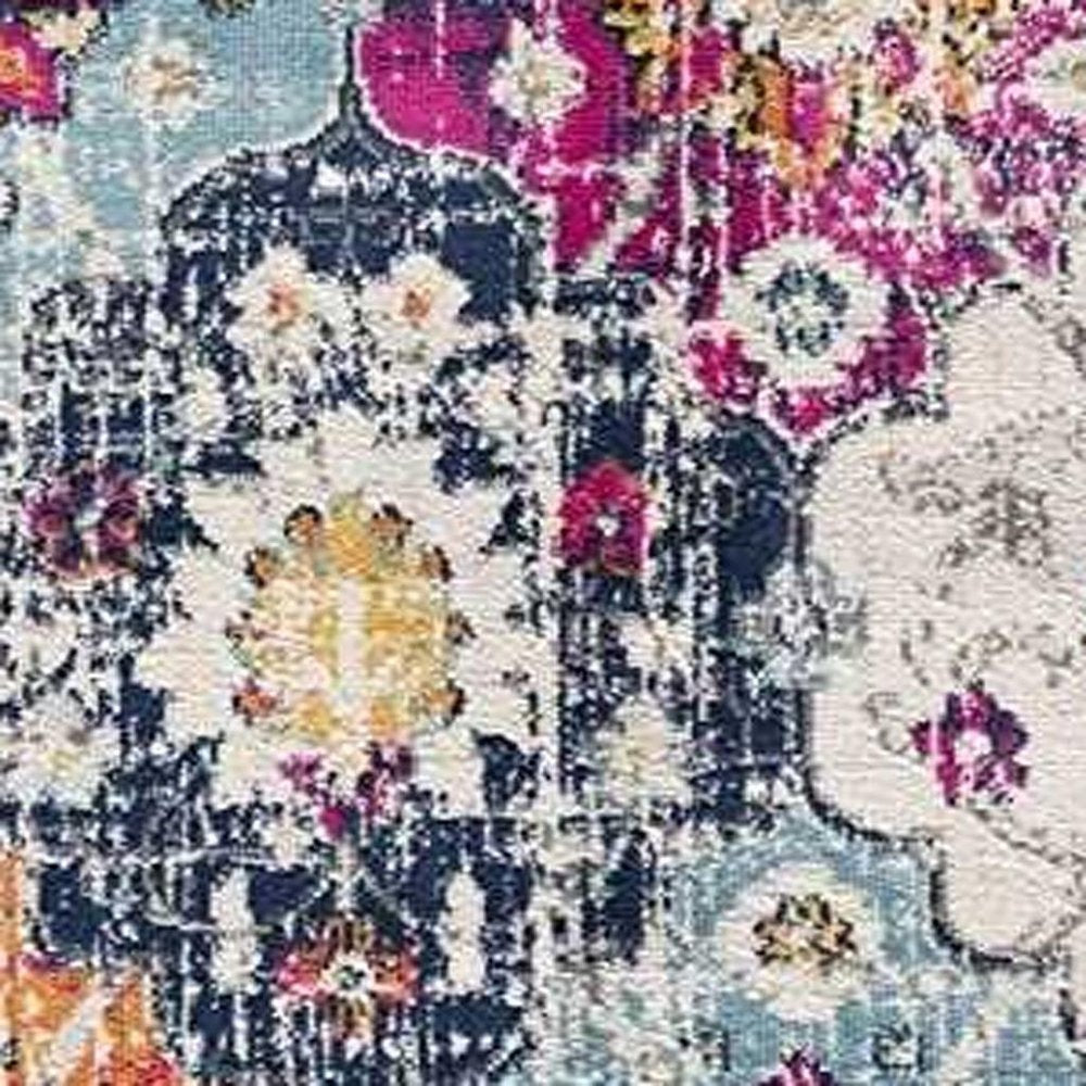 8' Blue And Ivory Floral Runner Rug