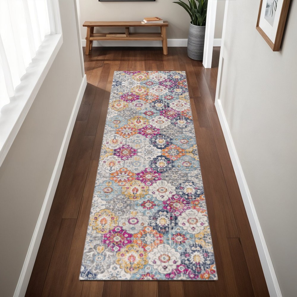 8' Blue And Ivory Floral Runner Rug
