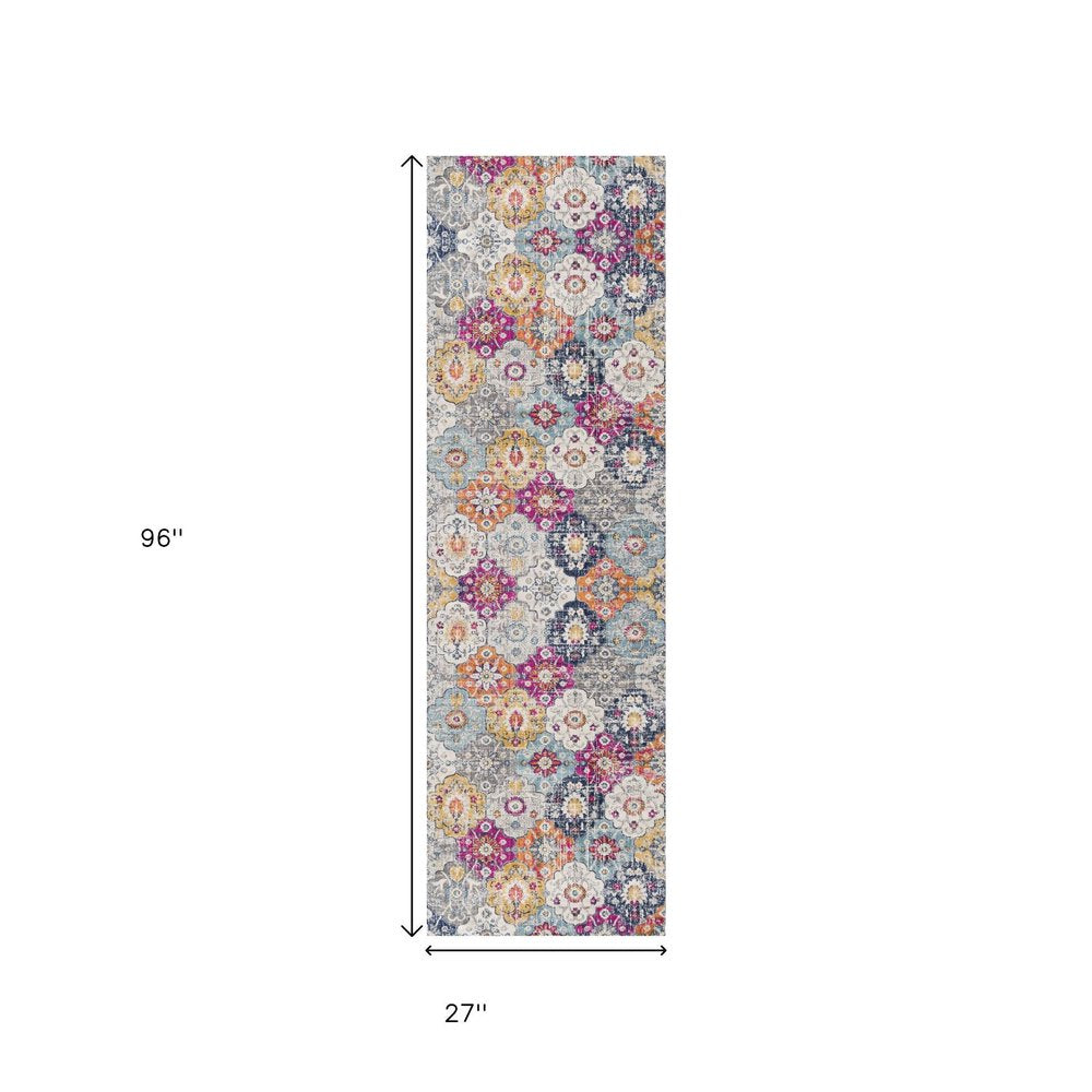 8' Blue And Ivory Floral Runner Rug