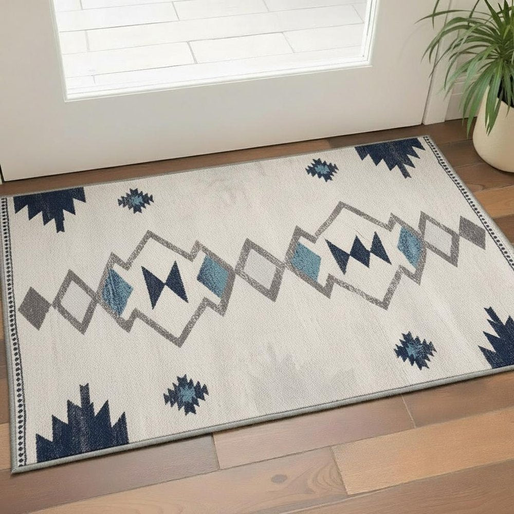 5' X 7' Blue and Ivory Southwestern Area Rug