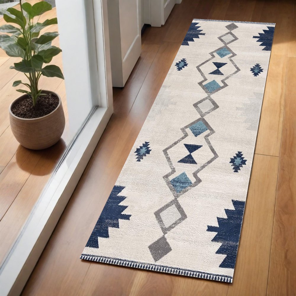 5' X 7' Blue and Ivory Southwestern Area Rug