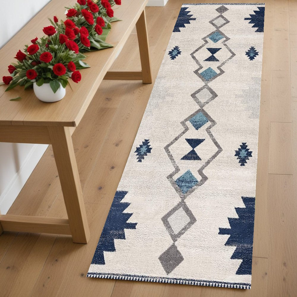 5' X 7' Blue and Ivory Southwestern Area Rug