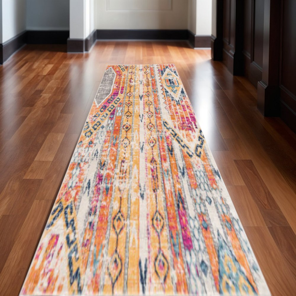 20' Gold And Ivory Southwestern Runner Rug